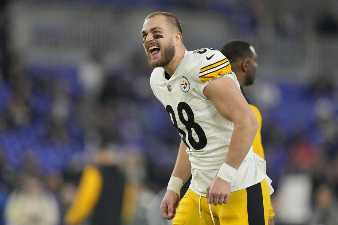 Jan 1, 2023; Baltimore, Maryland, USA; Pittsburgh Steelers tight end Pat Freiermuth (88) smiles before the game against the Baltimore Ravens at M&T Bank Stadium. Mandatory Credit: Jessica Rapfogel-USA TODAY Sports