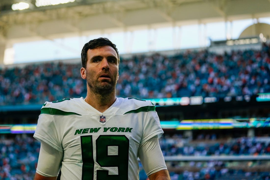 Jan 8, 2023; Miami Gardens, Florida, USA; New York Jets quarterback Joe Flacco (19) leaves the field after a game against the Miami Dolphins at Hard Rock Stadium. Mandatory Credit: Rich Storry-USA TODAY Sports
