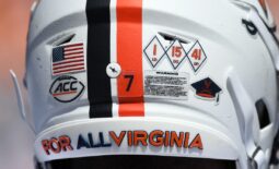 Sep 2, 2023; Nashville, Tennessee, USA; Detail view of helmet stickers on the helmet of Virginia Cavaliers running back Mike Hollins (7) during the second half against the Tennessee Volunteers at Nissan Stadium. Mandatory Credit: Christopher Hanewinckel-USA TODAY Sports