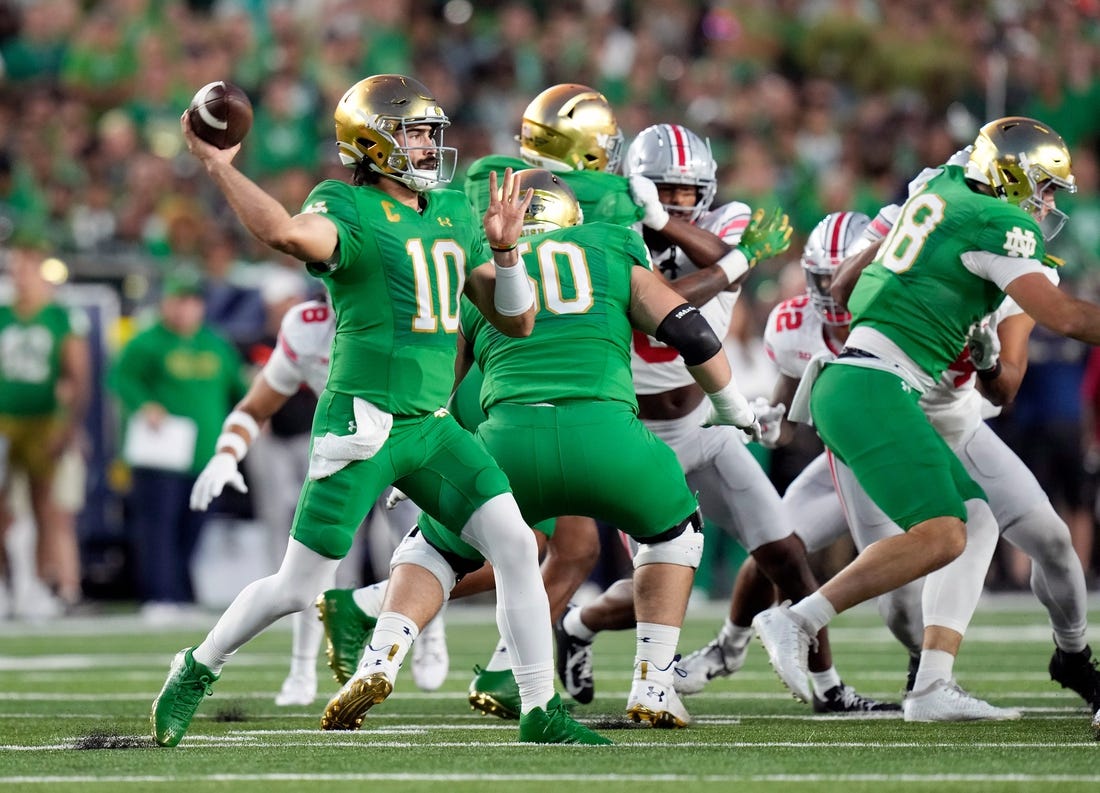 Sep 23, 2023; South Bend, Indiana, USA; Notre Dame Fighting Irish quarterback Sam Hartman (10) throws the ball against Ohio State Buckeyes during the first quarter of their game at Notre Dame Stadium.