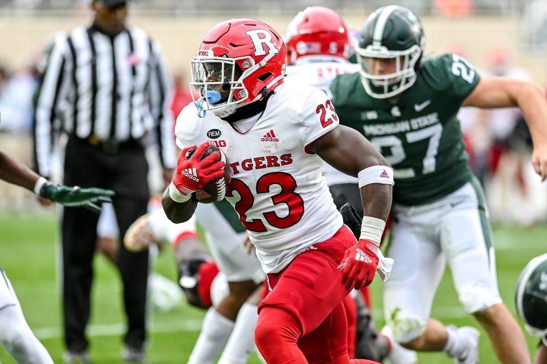 Rutgers' Kyle Monangai and the rest of the Scarlet Knights running backs will try to run the ball effectively on Saturday against Michigan State at SHI Stadium.