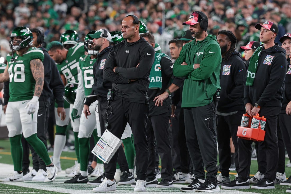 Oct 15, 2023; East Rutherford, New Jersey, USA; New York Jets head coach Robert Saleh (left) an dquarterback Aaron Rodgers (right) looks on during the second half against the Philadelphia Eagles at MetLife Stadium. Mandatory Credit: Vincent Carchietta-USA TODAY Sports