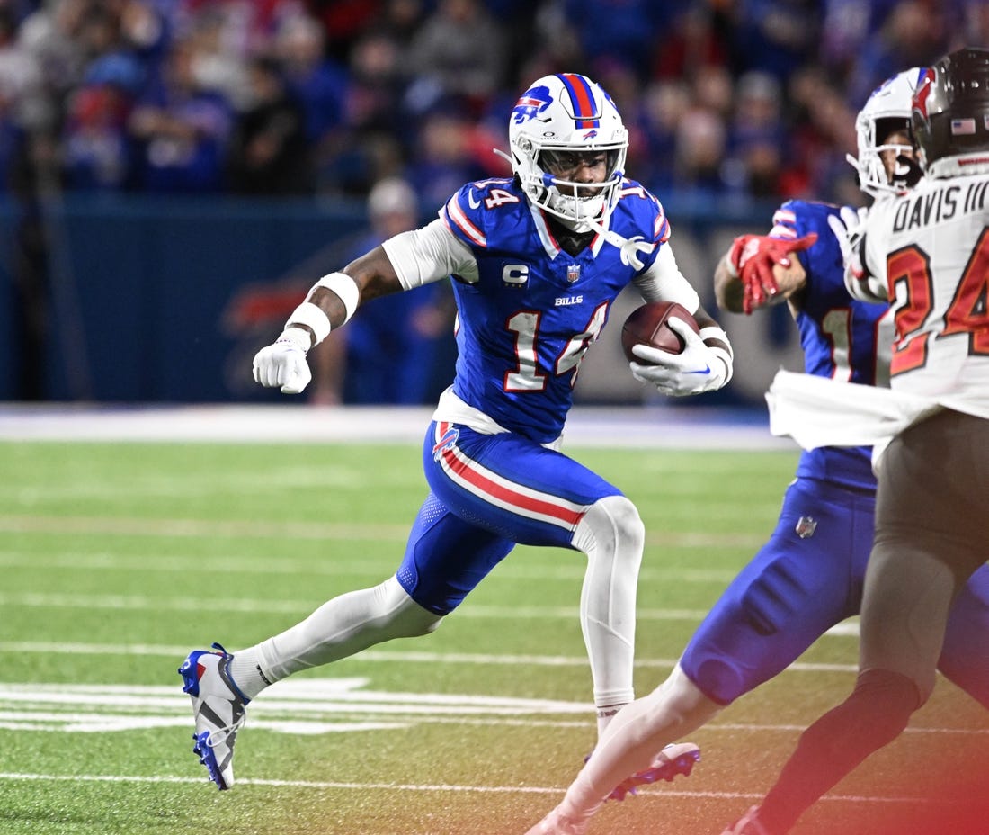 Oct 26, 2023; Orchard Park, New York, USA; Buffalo Bills wide receiver Stefon Diggs (14) runs after making a catch against the Tampa Bay Buccaneers in the fourth quarter at Highmark Stadium. Mandatory Credit: Mark Konezny-USA TODAY Sports