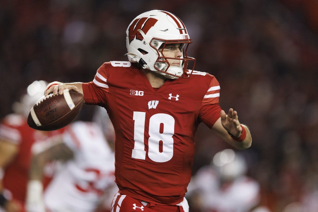 Oct 28, 2023; Madison, Wisconsin, USA;  Wisconsin Badgers quarterback Braedyn Locke (18) throws a pass during the fourth quarter against the Ohio State Buckeyes at Camp Randall Stadium. Mandatory Credit: Jeff Hanisch-USA TODAY Sports