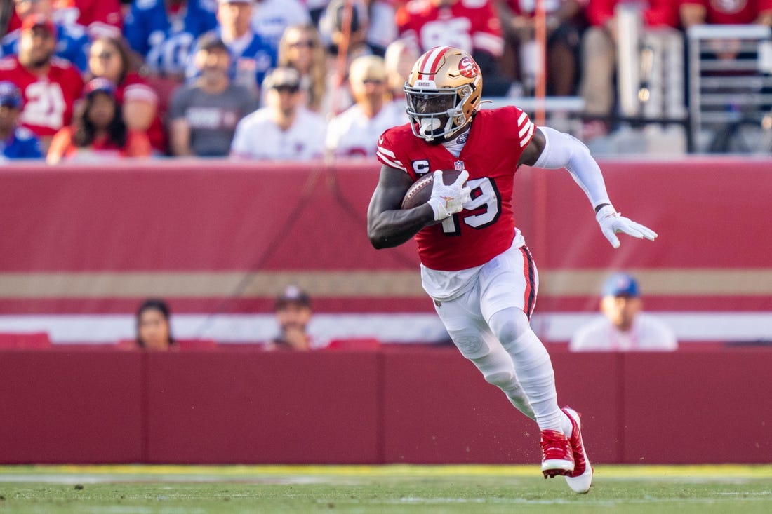 September 21, 2023; Santa Clara, California, USA; San Francisco 49ers wide receiver Deebo Samuel (19) carries the football during the second quarter against the New York Giants at Levi's Stadium. Mandatory Credit: Kyle Terada-USA TODAY Sports