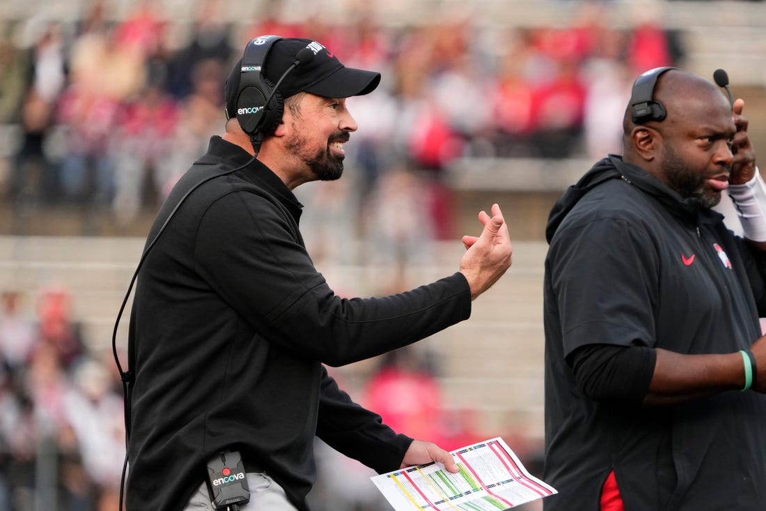 Nov 4, 2023; Piscataway, New Jersey, USA; Ohio State Buckeyes head coach Ryan Day motions from the sideline during the NCAA football game against the Rutgers Scarlet Knights at SHI Stadium. Ohio State won 35-16.