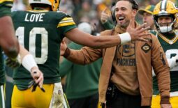 Green Bay Packers quarterback Jordan Love (10) is hugged by head coach Matt LaFleur after throwing a touchdown pass during the fourth quarter of their game at Lambeau Field Sunday, November 5, 2023 in Green Bay, Wisconsin. The Green Bay Packers beat the Los Angeles Rams 20-3.
