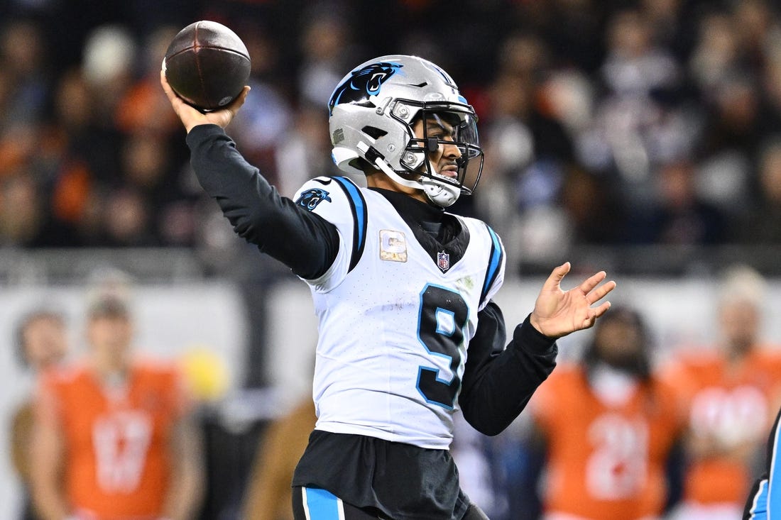 Nov 9, 2023; Chicago, Illinois, USA;  Carolina Panthers quarterback Bryce Young (9) passes in the first half against the Chicago Bears at Soldier Field. Mandatory Credit: Jamie Sabau-USA TODAY Sports