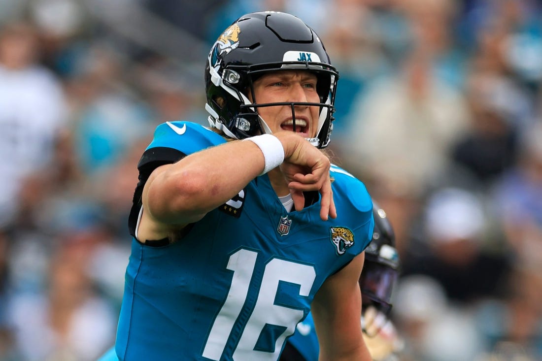 Jacksonville Jaguars quarterback Trevor Lawrence (16) calls a play during the first quarter of an NFL football game Sunday, Nov. 12, 2023 at EverBank Stadium in Jacksonville, Fla. The San Francisco 49ers defeated the Jacksonville Jaguars 34-3. [Corey Perrine/Florida Times-Union]