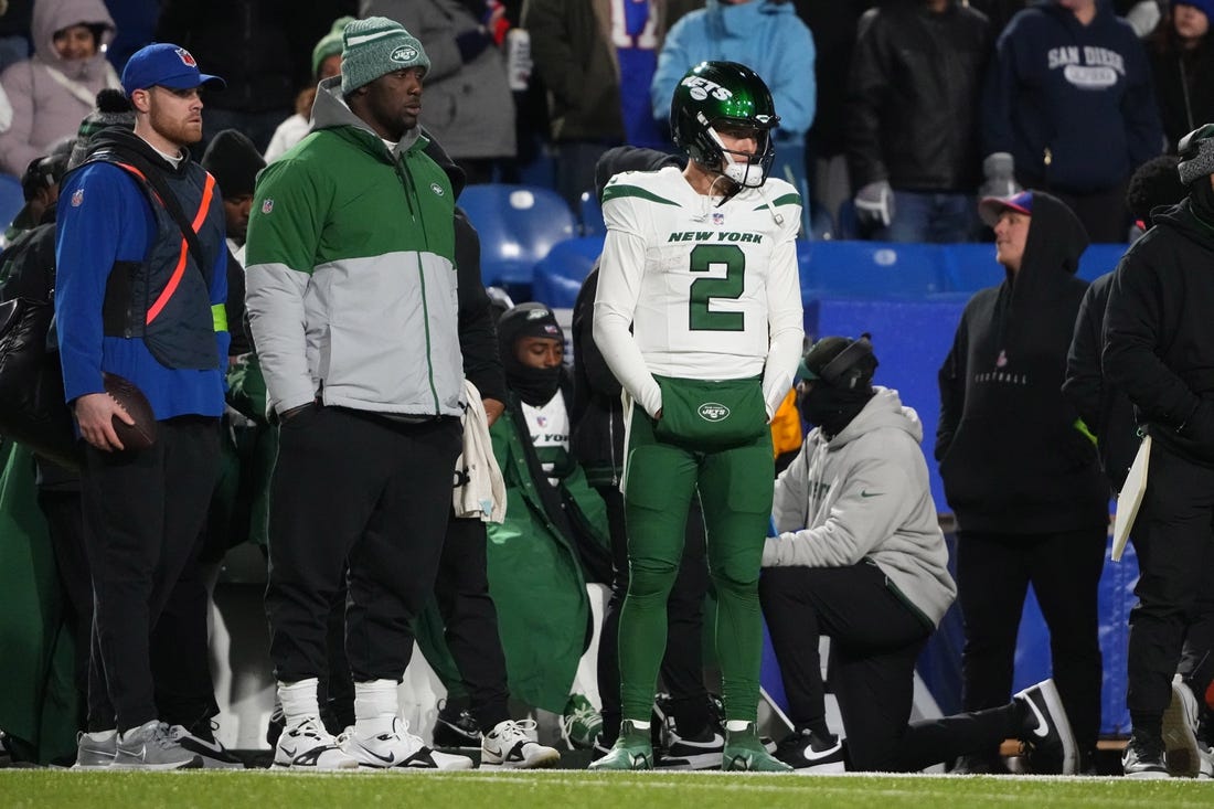 Nov 19, 2023; Orchard Park, New York, USA; New York Jets quarterback Zach Wilson (2) looks on from the sidelines after being replaced by quarterback Tim Boyle (7) (not pictured) during the second half against the Buffalo Bills at Highmark Stadium. Mandatory Credit: Gregory Fisher-USA TODAY Sports