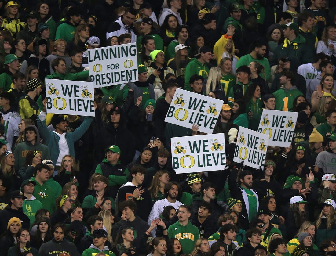 Duck fans show their support for Oregon quarterback Bo Nix and coach Dan Lanning during the game against Oregon State.