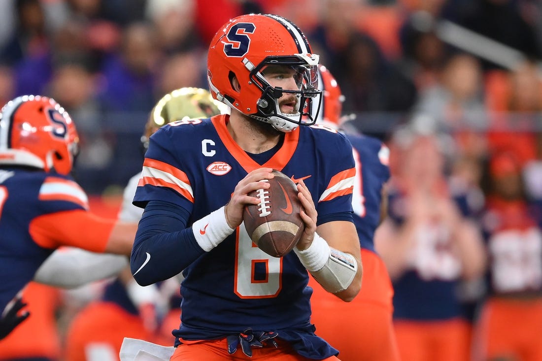 Nov 25, 2023; Syracuse, New York, USA; Syracuse Orange quarterback Garrett Schrader (6) drops back to pass against the Wake Forest Demon Deacons during the first half at the JMA Wireless Dome. Mandatory Credit: Rich Barnes-USA TODAY Sports