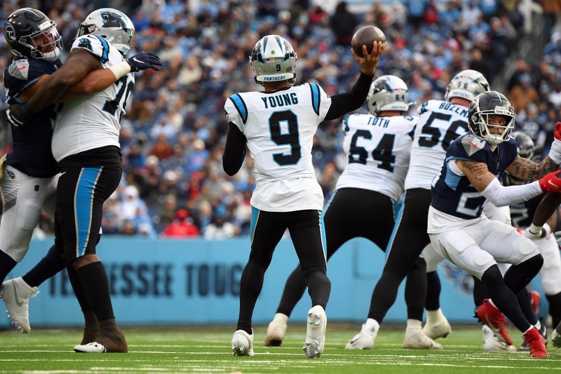 Nov 26, 2023; Nashville, Tennessee, USA; Carolina Panthers quarterback Bryce Young (9) attempts a pass during the second half against the Tennessee Titans at Nissan Stadium. Mandatory Credit: Christopher Hanewinckel-USA TODAY Sports