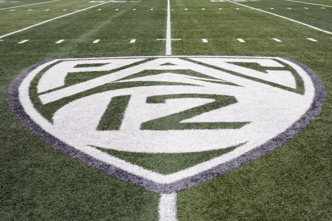 Oct 21, 2023; Eugene, Oregon, USA; A view of the PAC-12 field logo before the game between the Oregon Ducks and the Washington State Cougars at Autzen Stadium. Mandatory Credit: Soobum Im-USA TODAY Sports
