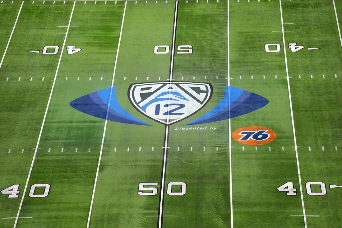 Dec 1, 2023; Las Vegas, NV, USA; The Pac-12 Conference logo at midfield at Allegiant Stadium. Mandatory Credit: Kirby Lee-USA TODAY Sports
