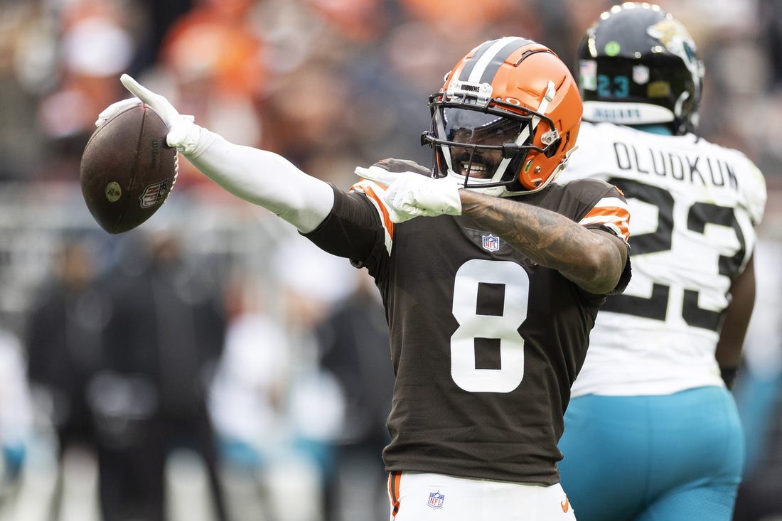 Dec 10, 2023; Cleveland, Ohio, USA; Cleveland Browns wide receiver Elijah Moore (8) celebrates his first down run against the Jacksonville Jaguars during the second quarter at Cleveland Browns Stadium. Mandatory Credit: Scott Galvin-USA TODAY Sports
