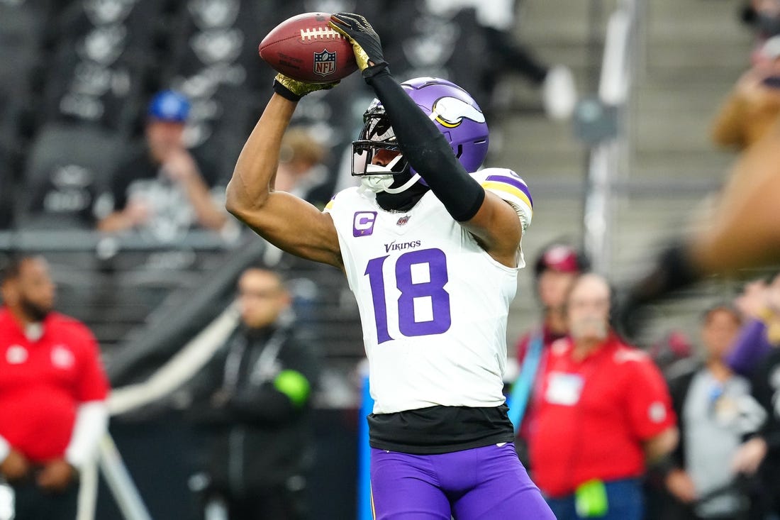 Dec 10, 2023; Paradise, Nevada, USA; Minnesota Vikings wide receiver Justin Jefferson (18) warms up before a game against the Las Vegas Raiders at Allegiant Stadium. Mandatory Credit: Stephen R. Sylvanie-USA TODAY Sports