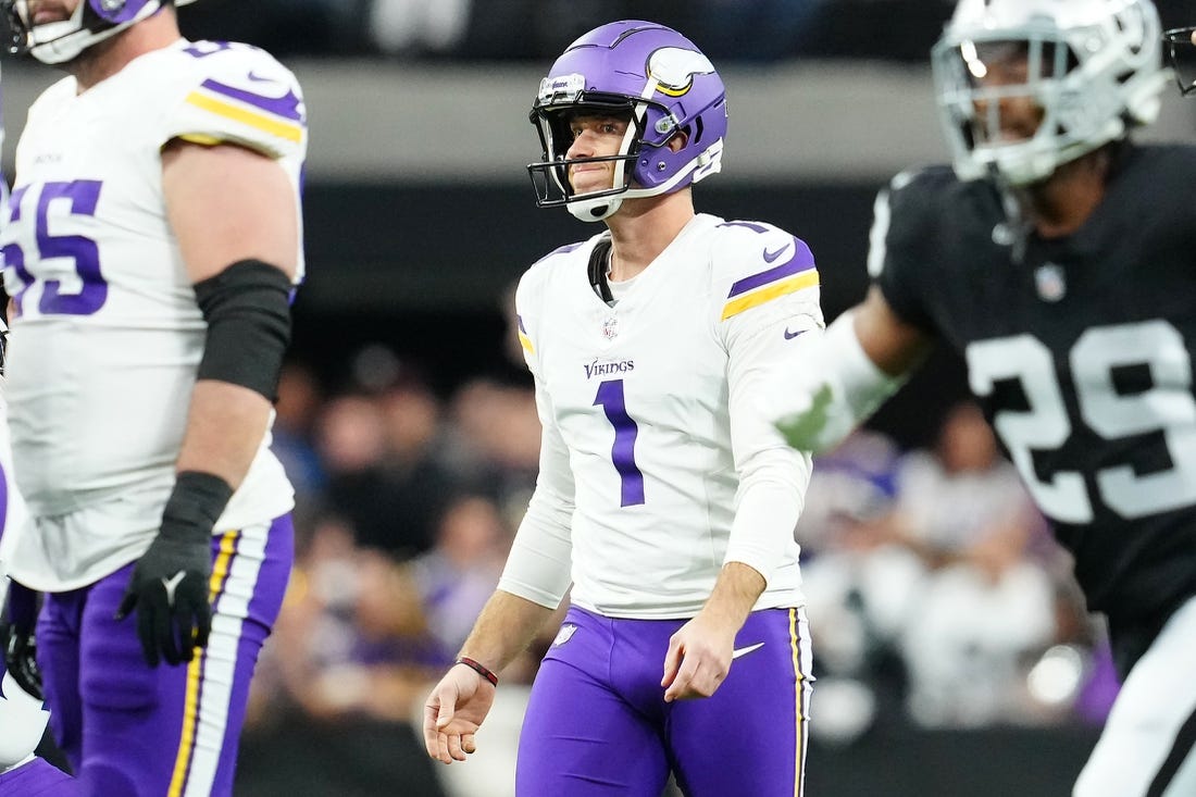 Dec 10, 2023; Paradise, Nevada, USA; Minnesota Vikings place kicker Greg Joseph (1) reacts after missing a field goal attempt against the Las Vegas Raiders during the first quarter at Allegiant Stadium. Mandatory Credit: Stephen R. Sylvanie-USA TODAY Sports