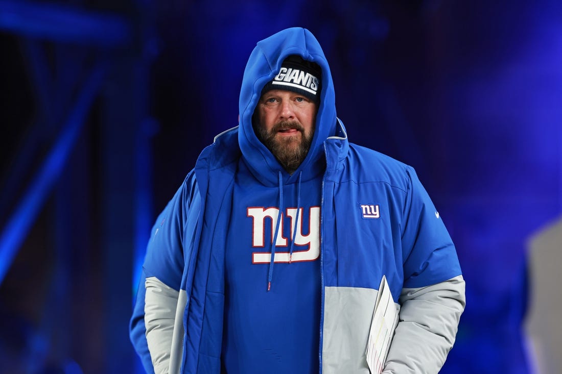 Dec 11, 2023; East Rutherford, New Jersey, USA; New York Giants head coach Brian Daboll looks on before the game against the Green Bay Packers at MetLife Stadium. Mandatory Credit: Vincent Carchietta-USA TODAY Sports