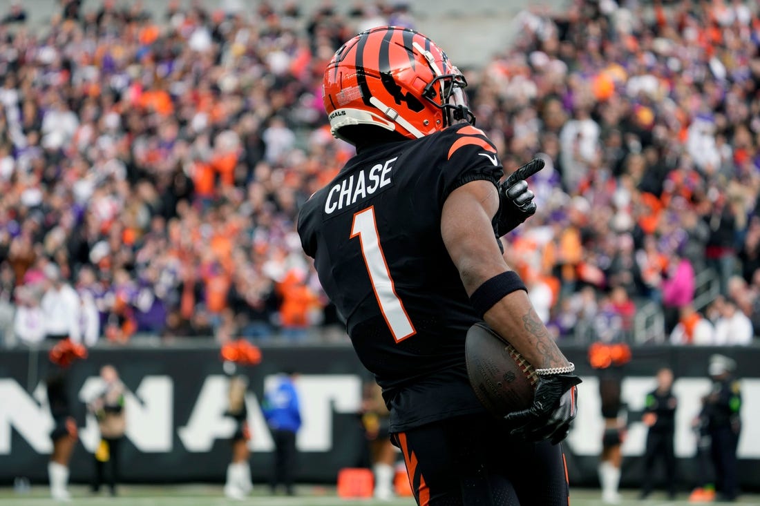 Cincinnati Bengals wide receiver Ja'Marr Chase (1) points to the crowd as the Bengals face the Minnesota Vikings at Paycor Stadium Saturday, December 16, 2023.