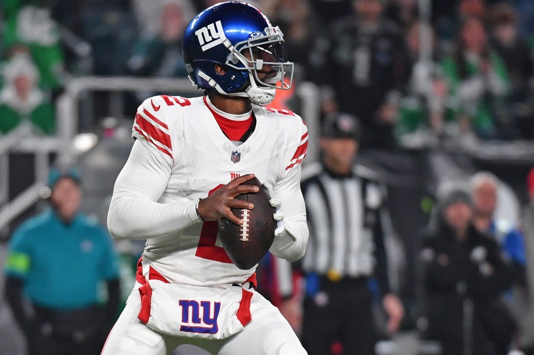 Dec 25, 2023; Philadelphia, Pennsylvania, USA; New York Giants quarterback Tyrod Taylor (2) rolls out the pocket during the third quarter against the New York Giants at Lincoln Financial Field. Mandatory Credit: Eric Hartline-USA TODAY Sports