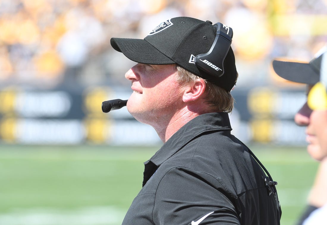 Sep 19, 2021; Pittsburgh, Pennsylvania, USA; Las Vegas Raiders head coach Jon Gruden watches the first quarter against the Pittsburgh Steelers at Heinz Field. Mandatory Credit: Philip G. Pavely-USA TODAY Sports