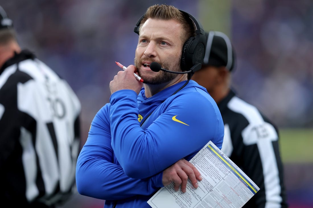 Dec 31, 2023; East Rutherford, New Jersey, USA; Los Angeles Rams head coach Sean McVay coaches against the New York Giants during the first quarter at MetLife Stadium. Mandatory Credit: Brad Penner-USA TODAY Sports
