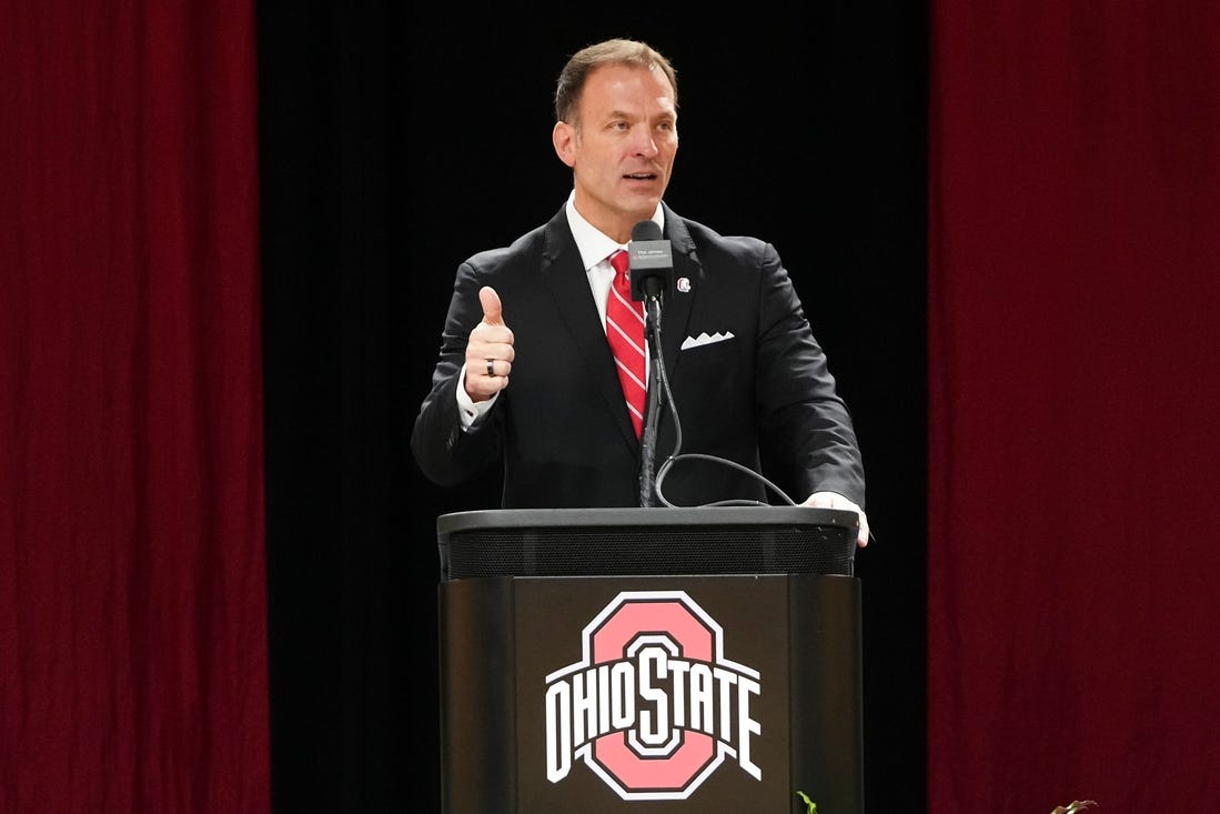 Jan 17, 2024; Columbus, OH, USA; Ross Bjork speaks during an introductory press conference for Ohio State University   s new athletic director at the Covelli Center.