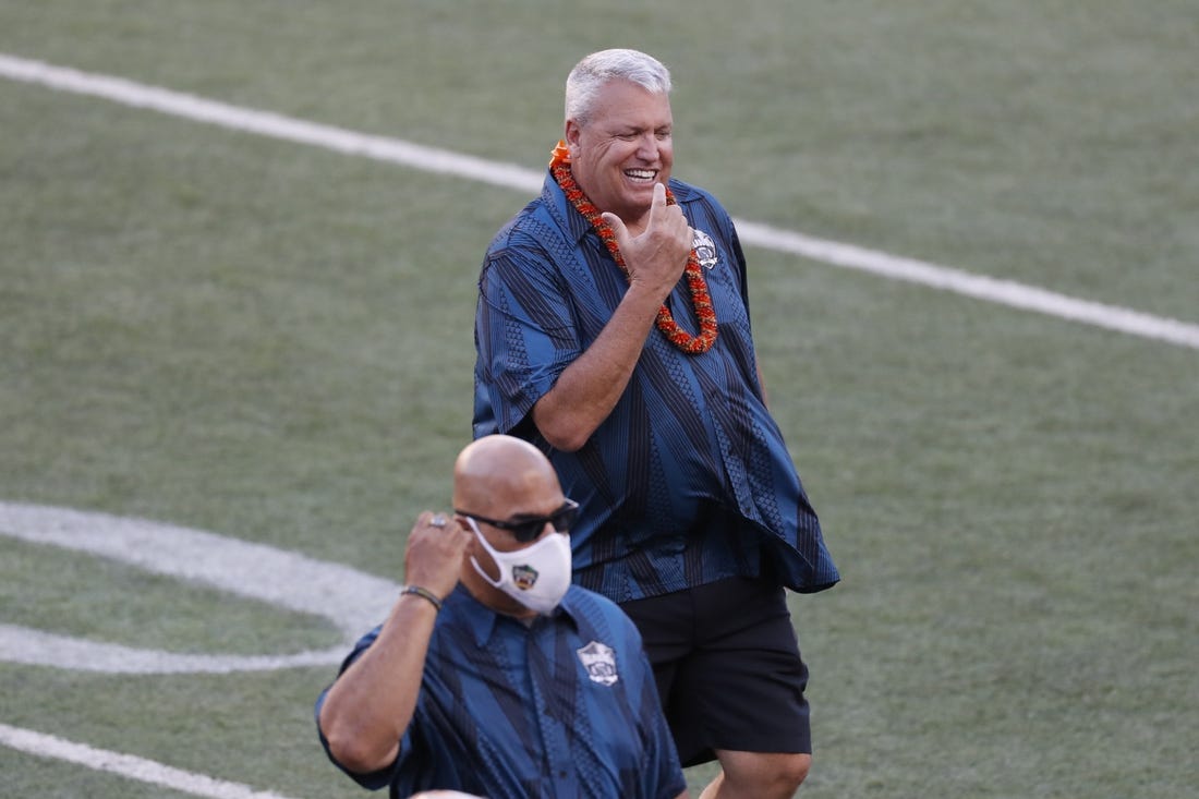 Jan 31, 2021; Honolulu, Hawaii, USA; Team Kai head coach Rex Ryan reacts on the field during the first half against Team Aina at the Hula Bowl. Mandatory Credit: Marco Garcia-USA TODAY Sports