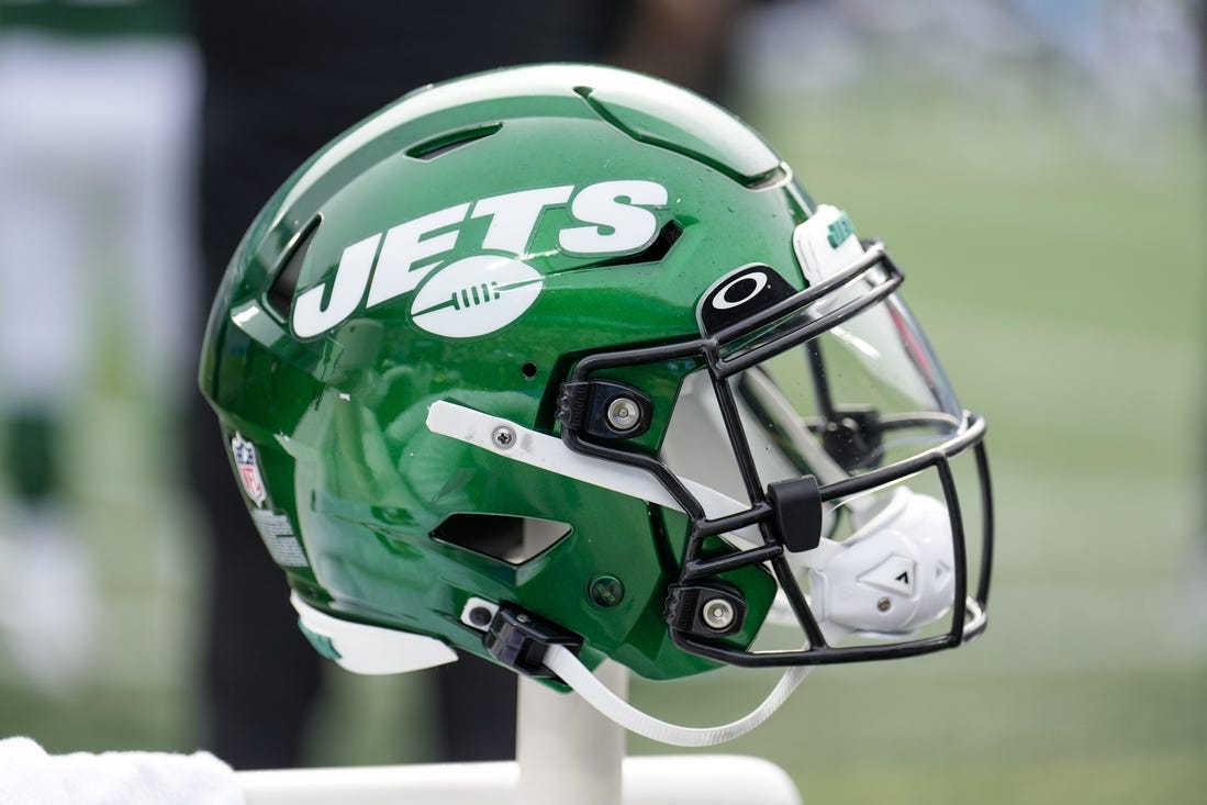 Aug 12, 2023; Charlotte, North Carolina, USA; New York Jets helmet during the second quarter against the Carolina Panthers at Bank of America Stadium. Mandatory Credit: Jim Dedmon-USA TODAY Sports