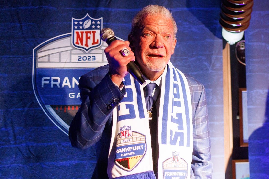 Nov 10, 2023; Frankfurt, Germany; Indianapolis Colts owner Jim Irsay speaks during a fan event at Chicago Meatpackers before an International Series game against the New England Patriots. Mandatory Credit: Nathan Ray Seebeck-USA TODAY Sports