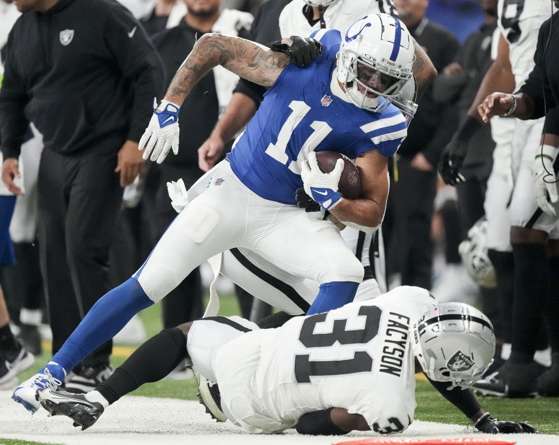 Dec 31, 2023; Indianapolis, Indiana, USA; Indianapolis Colts wide receiver Michael Pittman Jr. (11) runs out of bounds as Las Vegas Raiders cornerback Brandon Facyson (31) rolls at his feet during a game against the Las Vegas Raiders at Lucas Oil Stadium. Mandatory Credit: Bob Scheer-USA TODAY Sports