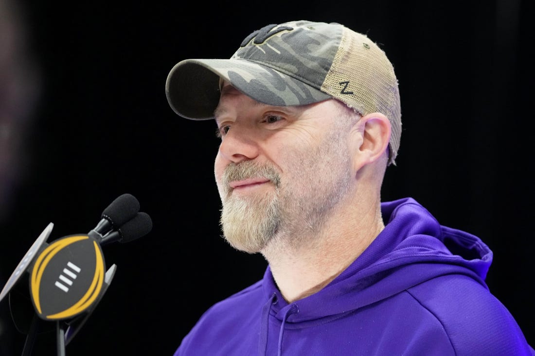 Jan 6, 2024; Houston, TX, USA; Washington Huskies offensive coordinator Ryan Grubb talks to the media during media day before the College Football Playoff national championship game against the Michigan Wolverines at George R Brown Convention Center. Mandatory Credit: Kirby Lee-USA TODAY Sports