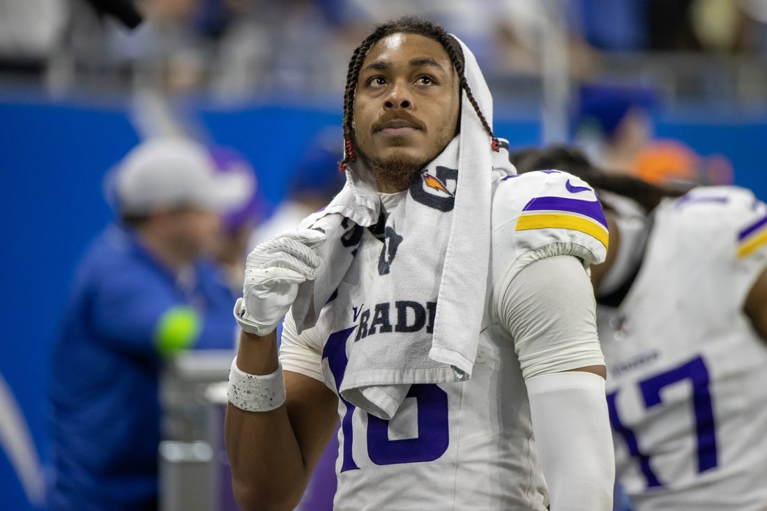 Jan 7, 2024; Detroit, Michigan, USA; Minnesota Vikings wide receiver Justin Jefferson (18) looks at the big screen during second half of the game against the Detroit Lions at Ford Field. Mandatory Credit: David Reginek-USA TODAY Sports