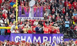 Feb 11, 2024; Paradise, Nevada, USA;  Kansas City Chiefs quarterback Patrick Mahomes (15) hoists the Vince Lombardi Trophy after defeating the San Francisco 49ers in Super Bowl LVIII at Allegiant Stadium. Mandatory Credit: Stephen R. Sylvanie-USA TODAY Sports