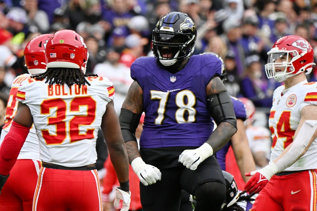 Jan 28, 2024; Baltimore, Maryland, USA; Baltimore Ravens offensive tackle Morgan Moses (78) reacts after a play against the Kansas City Chiefs during the first half in the AFC Championship football game at M&T Bank Stadium. Mandatory Credit: Tommy Gilligan-USA TODAY Sports