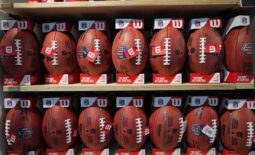 Oct 9, 2021; London, England, United Kingdom; A general overall view of Wilson official NFL Duke footballs on display at Tottenham Hogspur Stadium. Mandatory Credit: Kirby Lee-USA TODAY Sports