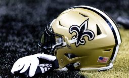 Aug 13, 2023; New Orleans, Louisiana, USA;  Detailed view of a New Orleans Saints helmet and glove.
