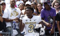 Sep 2, 2023; Fort Worth, Texas, USA; Colorado Buffaloes running back Dylan Edwards (3) celebrates with fans after the game against the TCU Horned Frogs at Amon G. Carter Stadium. Mandatory Credit: Tim Heitman-USA TODAY Sports