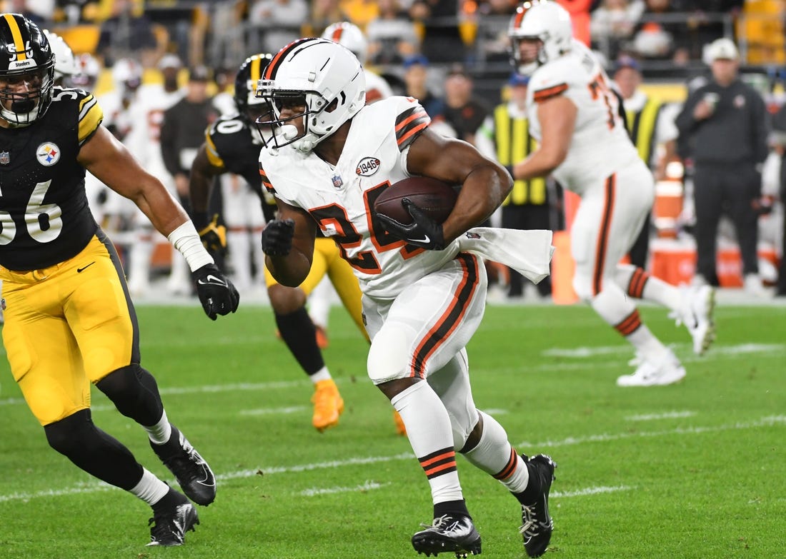 Sep 18, 2023; Pittsburgh, Pennsylvania, USA;  Cleveland Browns running back Nick Chubb (24) approaches Pittsburgh Steelers linebacker Alex Highsmith (56) during the first quarter at Acrisure Stadium. Mandatory Credit: Philip G. Pavely-USA TODAY Sports