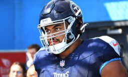 Oct 1, 2023; Nashville, Tennessee, USA; Tennessee Titans offensive tackle Andre Dillard (71) waits to take the field before the game against the Cincinnati Bengals at Nissan Stadium. Mandatory Credit: Christopher Hanewinckel-USA TODAY Sports