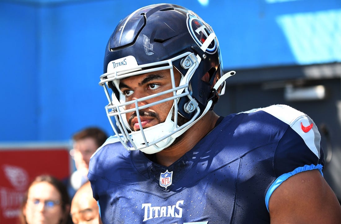 Oct 1, 2023; Nashville, Tennessee, USA; Tennessee Titans offensive tackle Andre Dillard (71) waits to take the field before the game against the Cincinnati Bengals at Nissan Stadium. Mandatory Credit: Christopher Hanewinckel-USA TODAY Sports