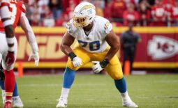 Oct 12, 2023; Kansas City, Missouri, USA; Los Angeles Chargers offensive tackle Rashawn Slater (70) lines up against the Kansas City Chiefs during the game at GEHA Field at Arrowhead Stadium. Mandatory Credit: Denny Medley-USA TODAY Sports