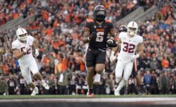 Nov 11, 2023; Corvallis, Oregon, USA; Oregon State Beavers running back Damien Martinez (6) runs with the ball for a touchdown during the first half against the Stanford Cardinal at Reser Stadium. Mandatory Credit: Soobum Im-USA TODAY Sports