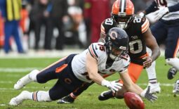 Dec 17, 2023; Cleveland, Ohio, USA; Chicago Bears wide receiver Trent Taylor (15) recovers a muffed punt as Cleveland Browns running back Pierre Strong Jr. (20) defends during the first quarter at Cleveland Browns Stadium. Mandatory Credit: Ken Blaze-USA TODAY Sports