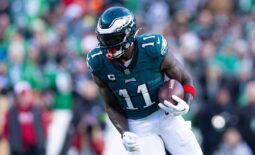 Dec 31, 2023; Philadelphia, Pennsylvania, USA; Philadelphia Eagles wide receiver A.J. Brown (11) runs with the ball during the fourth quarter against the Arizona Cardinals at Lincoln Financial Field. Mandatory Credit: Bill Streicher-USA TODAY Sports