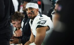 Jan 15, 2024; Tampa, Florida, USA; Philadelphia Eagles quarterback Jalen Hurts (1) reacts during the second half of a 2024 NFC wild card game against the Tampa Bay Buccaneers at Raymond James Stadium. Mandatory Credit: Kim Klement Neitzel-USA TODAY Sports