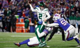 New York Jets quarterback Zach Wilson (2) was sacked five times and threw for only 81 yards against a stingy Bills defense.