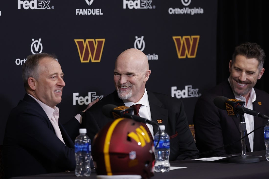 Commanders majority owner Josh Harris (L), head coach Dan Quinn (M) and general manager Adam Peters are embracing the "pressure" to get the No. 2 pick right. Mandatory Credit: Geoff Burke-USA TODAY Sports
