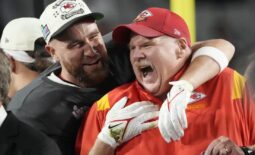 Feb. 12, 2023: Andy Reid and Travis Kelce celebrate the Kansas City Chiefs' win over the Philadelphia Eagles in Super Bowl LVII at State Farm Stadium in Glendale, Arizona.